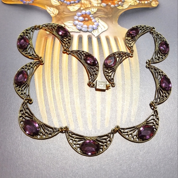 Antique Art Deco Filigree Purple Paste Stone Necklace - Picture 5 of 8